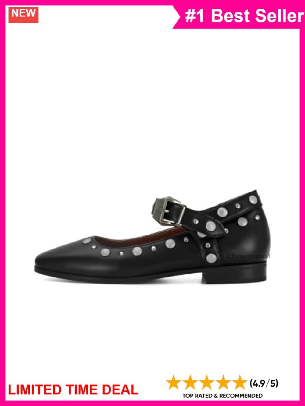 Studded Mary Jane Ballet Flats Faux Leather Square Toe Buckle Strap